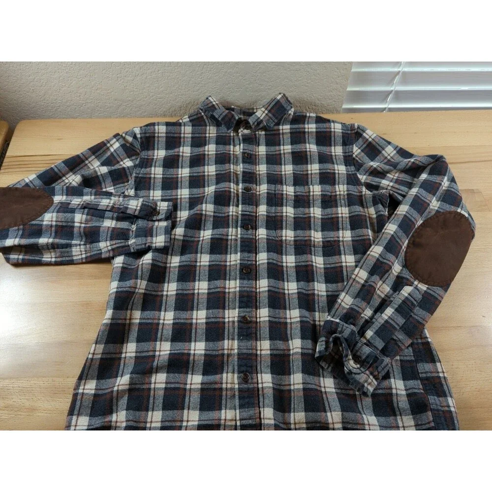 J Crew Elbow Patch Flannel Shirt Men’s Large White Brown Blue Plaid Flex